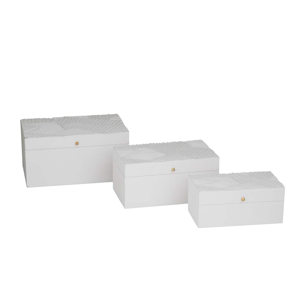 White Wood Intricate Carved Box with Hinged Lid Set